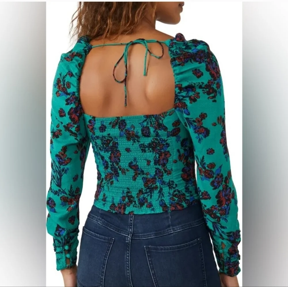 Free People Hilary Floral‎ Teal Long Sleeve Women's Top
